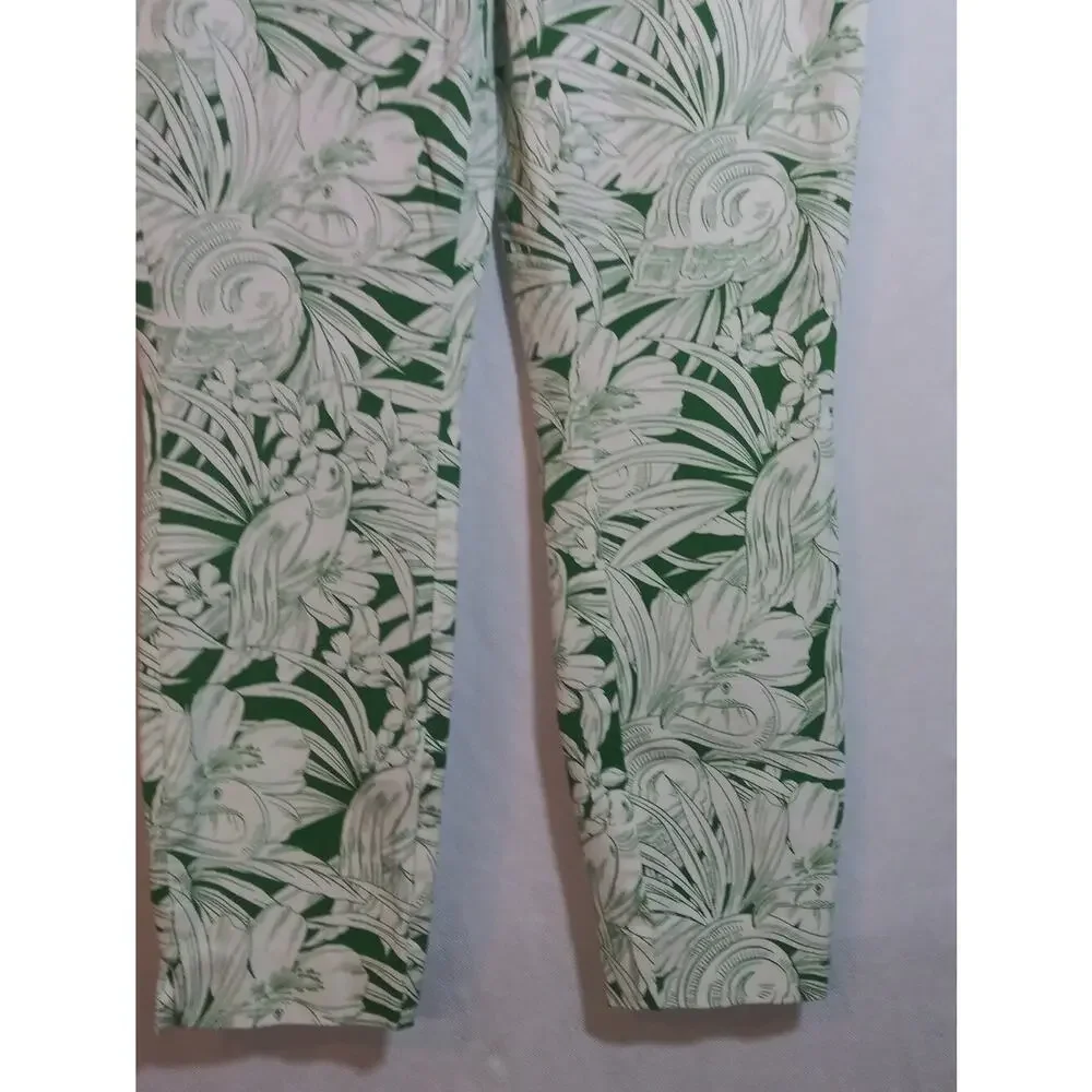 WHBM Green & White Floral Skinny Crop Tropical Bird Vacation Pull On Size 2
